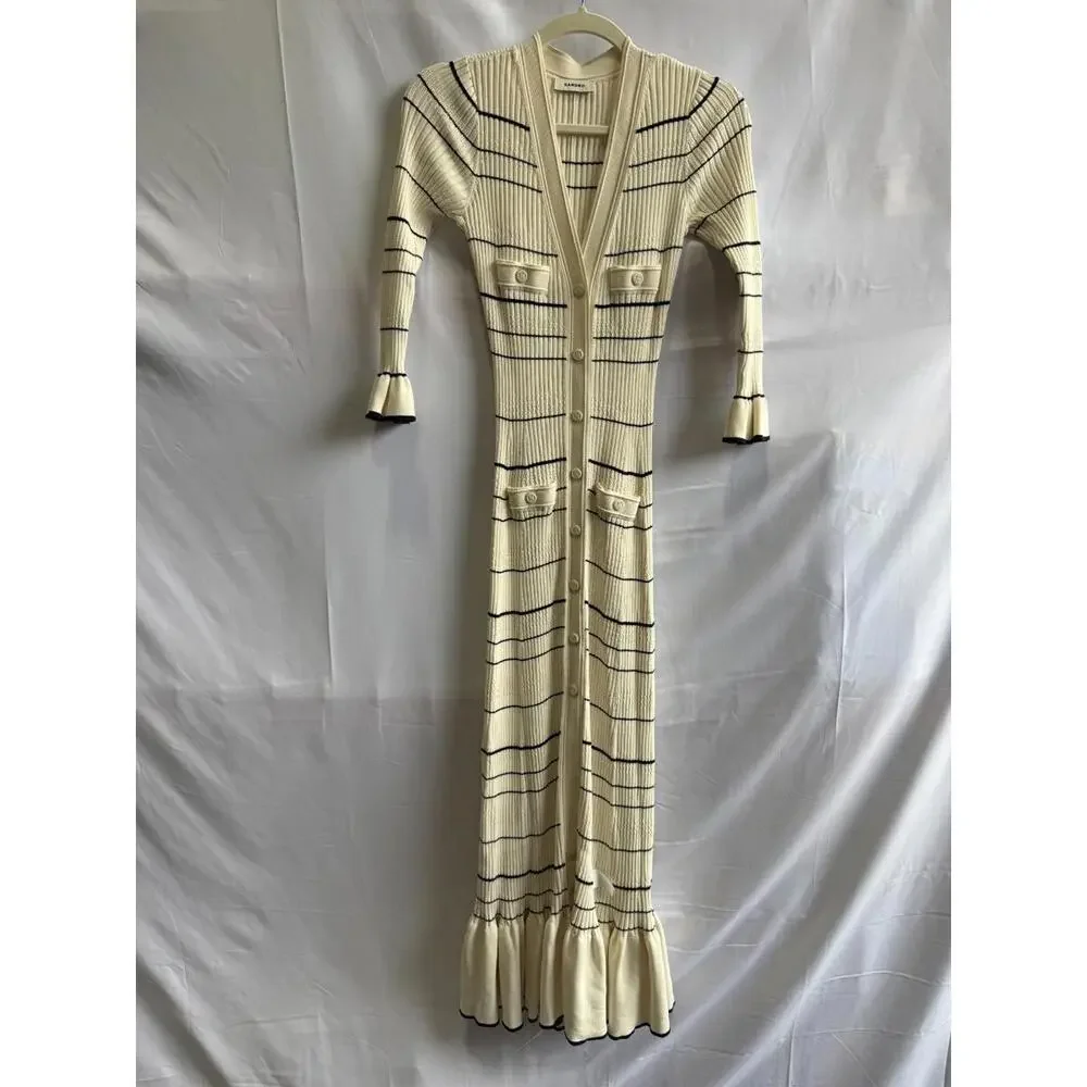 Sandro White Striped Knit Maxi Dress Size 36 with Fabric Pull - Picture 4 of 10